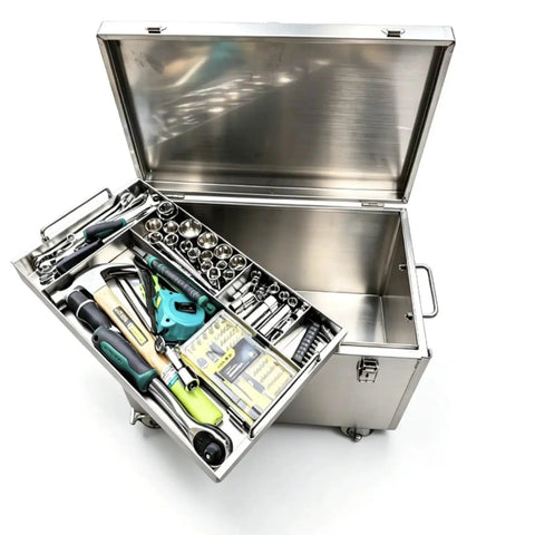 Ironclad 304 Stainless Steel Rolling Toolbox And Extra Heavy Duty Trolley Cart With Smooth Rolling Casters And Weather Resistant Construction For Secure Garage Storage Gear showing open cart filled with tools.