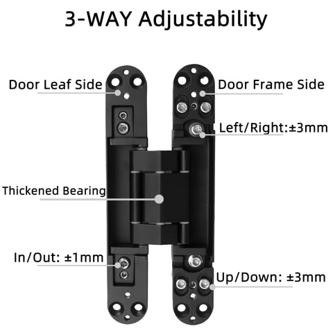 Rock Solid Black Hidden Door Hinges For Flush Wood Panels showcasing 3-way adjustability features and thickened bearing design.