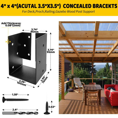 Concealed Flange Joist Hanger Brackets For 3.5 x 5.5 Inch Lumber, U Shaped Steel Hanger For Wood Fence Porch Swing And Handrails, Heavy Duty Q235 Steel With Matte Black Powder Coat Pack Of 4