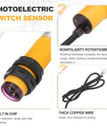 Industrial Diffuse Reflection Photoelectric Sensor M18, close-up showing features, detects objects from 7 to 30 cm, includes wiring.
