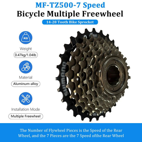 7 Speed Bicycle Freewheel TZ500 Screw On 14-28T for urban commuter and city bike, side view showing steel construction