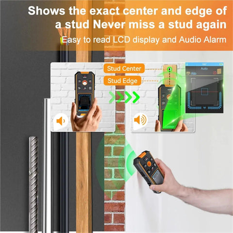 Slick Rechargeable Stud Finder With Bright LCD Display And Heavy Duty Underground Cable Tracker detecting a metal stud with audio alarm.