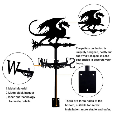 Dragon Weather Vane For Roof Metal Pterosaur Shape Weathercock Kit With Bracket Wind Direction Indicator For Outdoor Garden Yard European Style Decorative Weather Vane