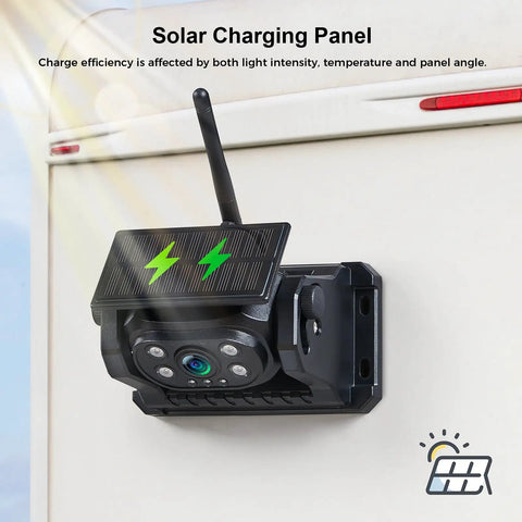 Solar charging panel for Dual Wireless Backup Cameras With 7 Inch HD 1080P Monitor 15000mAh Battery, mounted on RV.