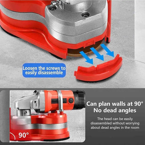 Close-up of 3000W Electric Angle Grinder and Concrete Floor Polisher showing disassembly feature for wall planing at 90 degrees.