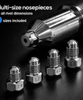 Cordless Rivet Gun Adapter Kit Converts Any Drill Into A Heavy Duty Riveting Tool with four size nosepieces on display