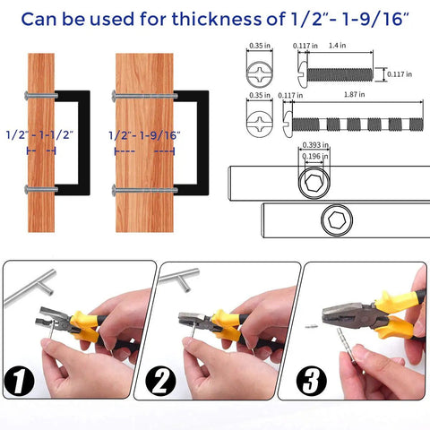 Installation guide for Matte Black Square Cabinet Pulls 3 3/4 Inch Center To Center 10 Pack showing thickness compatibility.