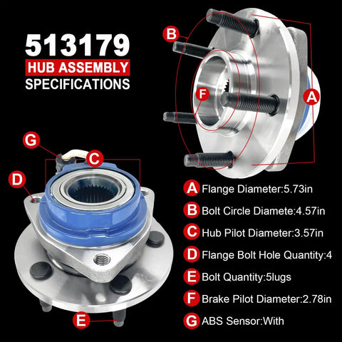 Hella Smooth Front Wheel Bearing Hub Assembly With 513179 Part Number and 5 Lug Mount with Abs, showcasing specifications.