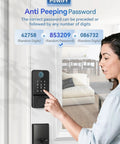 Woman using Smart Keyless Entry Door Lock With Handle, Bluetooth App Control Front Lock, Keypad Deadbolt Auto Lock, Black