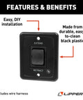 40 Amp Power RV Awning Interior Switch Kit And Plate No Fuss Push Button Extend And Retract Universal Fit Durable Plastic Construction Easy Install With Harness Included, black plastic switch with extend and retract labels