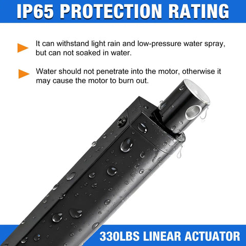 Heavy Duty 330 Pound Linear Actuator 12 Volt 24 Inch Stroke IP65 Waterproof showing water resistance detail and design.