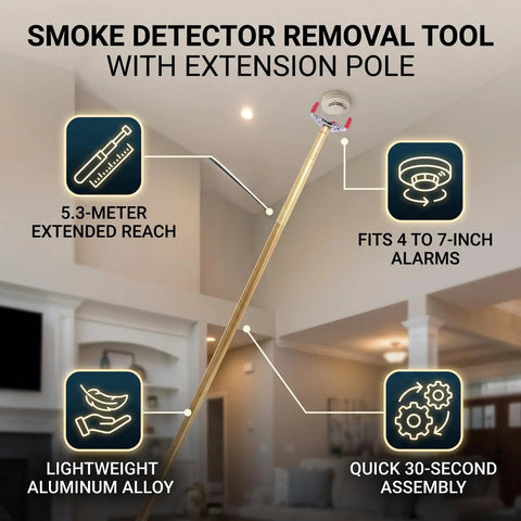 Super Long Aluminum Smoke Detector Removal Tool With Five Point Three Meter Extension Pole No Ladder Needed Ceiling Access Snap On Grip For Round Square Alarms Easy Grasp Design with 5.3-meter reach and lightweight aluminum alloy.