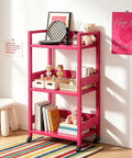 Rolling 3 Tier Metal Storage Organizer With Soft Pink Finish And Adjustable Foot Pads For Squishy Spaces Featuring Pop Off Guard Panels To Knock Kitchen Laundry And Garage Jumble Down Easy For Stress Free Home Upkeep Anywhere You Park It, holding toys and books.