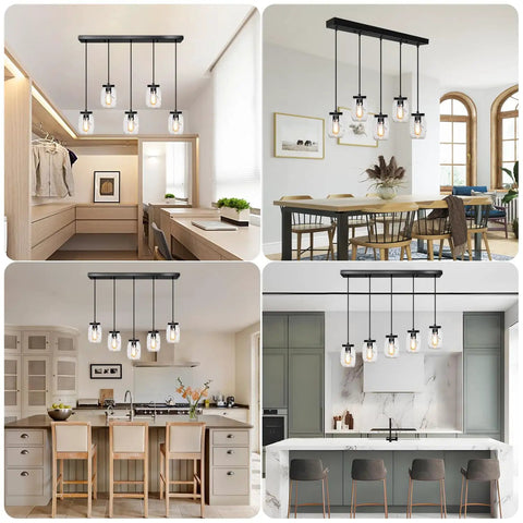Five Light Glass Mason Jar Pendant Lights Farmhouse Kitchen Island Dining Room, Rustic Adjustable Height Jar Ceiling Fixtures Over Sink