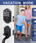 Keyless Front Door Lock Set With Keypad Deadbolt Silver Finish Single Cylinder Handle Set With Curved Handle Hands Free Entry No Key Fumbles Using 4 to 8 Digit Code Durable Metal Construction And Easy Installation shown on door with family entering