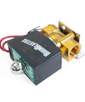 Electric Air Tank Drain Valve Kit With Push Button Inside Cab Control 1/4 NPT shown in close-up with fittings and wiring