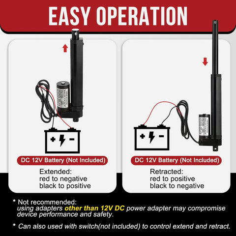 Tough As Nails 12 Volt Linear Actuator with easy operation diagram showing wiring for extended and retracted positions.
