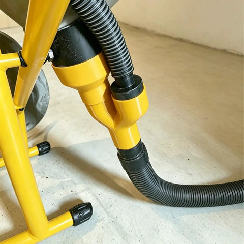 Top Shelf Dual Port Dust Collection Y Splitter For 2.5 Inch Shop Vac Hose Connector, showing flexible yellow adapter and black hose.