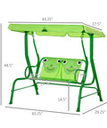 Two Seat Kids Patio Swing With Adjustable Canopy And Safety Belt Frog Pattern Hanging Swing Bench For Garden Or Backyard Green