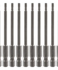 Top Shelf T10 Security Torx Screwdriver Bits Set 10 Piece Magnetic S2 Steel Driver Bits With Quarter Inch Hex Shank displayed in a row.