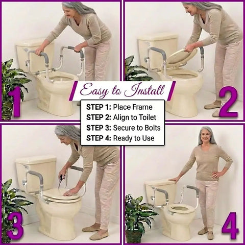 Built Tough Aluminum Toilet Safety Handle With Padded Adjustable Armrests For Seniors installation steps with woman adjusting frame.