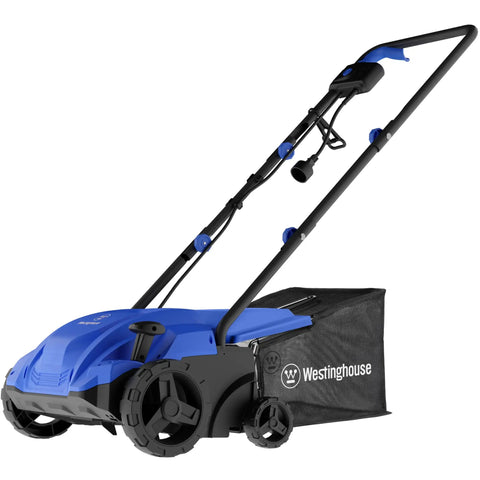 Powerful 13 Inch 12 Amp Two In One Electric Dethatcher And Scarifier with collection bag, shown in a side view for lawn care.