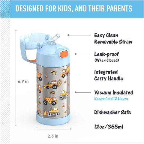 Dope Kids Stainless Steel Water Bottle With Straw 12 Oz Vacuum Insulated Reusable with construction graphic and carry handle.