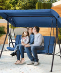 Three Seat Patio Swing With Removable Cushions And Adjustable Weather Resistant Canopy For Backyard Porch And Garden In Blue Fabric Seat