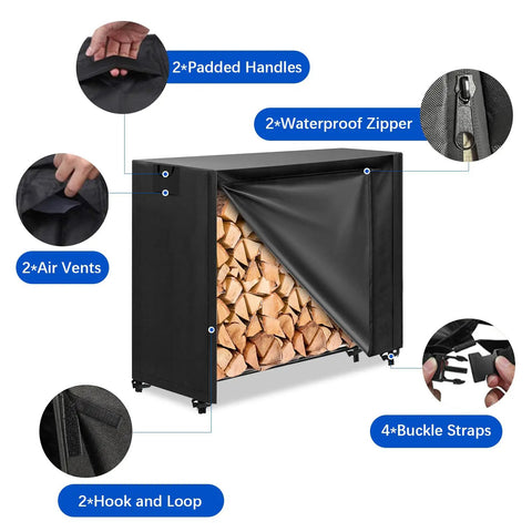 Heavy Duty 4 Foot Firewood Rack Cover Waterproof 600D Outdoor Storage With Zipper And Hook Loop Tape Fits 4 Foot Racks Protects Logs