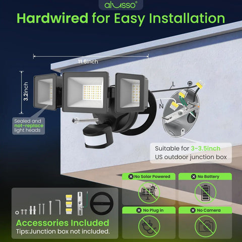 Heavy Duty Hardwired Motion Sensor Flood Light 40W 4500 Lumens Outdoor Security Spotlight with motion sensor and junction box.