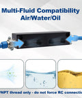 Shop Tough 6 Port Air Compressor Manifold Block With Quarter Inch Npt Fittings For Multiple Pneumatic Tool Lines Plug And Play Splitter showing multi-fluid flow.
