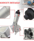 Detailed view of Sleek Silver Engine Oil Cooler Filter Housing With Integrated Temperature Sensors and Heavy Duty Seals for BMW B48 B46 engines.