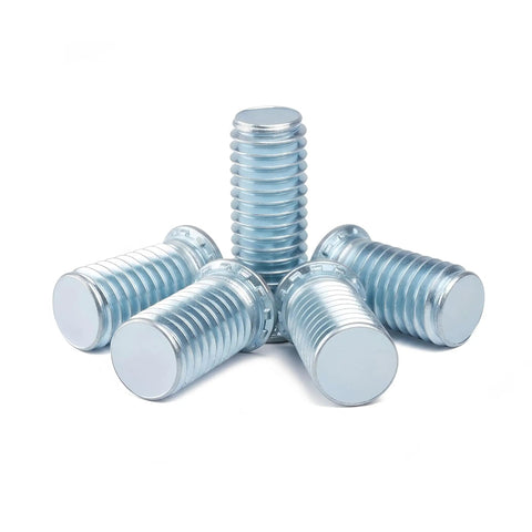 Carbon Steel Self Clinching Threaded Studs One Quarter Twenty Panel Fasteners in blue zinc plating, 1/4-20 size, displayed in a circle.