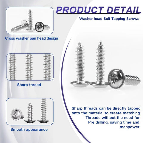 No Nonsense 1200 Pcs Silver Carbon Steel Self Tapping Screw Pack M1.2 To M2.3 Assorted Kit With Built In Washers showing sharp thread design.