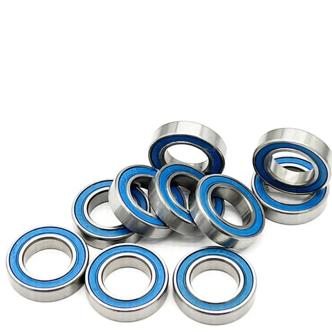 10 Pack 12X21X5MM 6801RS Ball Bearings Abec Seven Precision Thin Section Heavy Duty Steel with blue seals arranged on a white background.