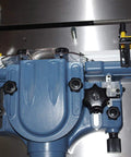 Top view of Beefy 3HP Single Phase Woodworking Shaper With Cast Iron Table Full Cabinet Stand On Wheels And Locks One And A Quarter Inch Interchangeable Spindle Included Pre Drilled Holes For Power Feeder Optional Router Attachment showing spindle and controls