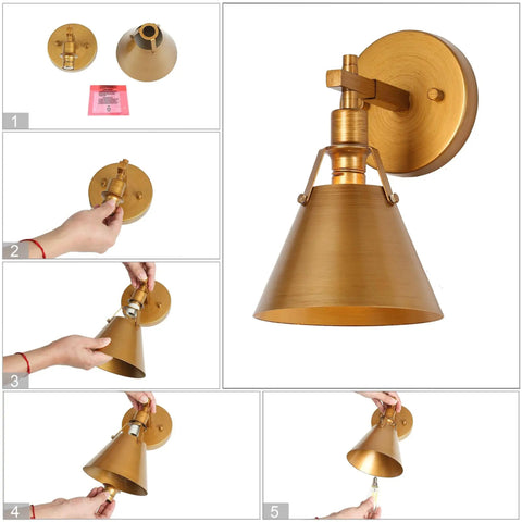 Antique Gold Wall Sconce Lighting Fixture With Modern Vintage Vibe, 1 Light Brass Finish shown from multiple angles.
