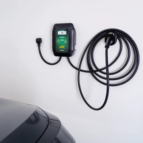 48 Amp Level 2 Wall Mounted Indoor Outdoor Fast Electric Vehicle Charging Station With 25Ft Flexible Cable Nema 14-50 Connector on wall with LCD panel