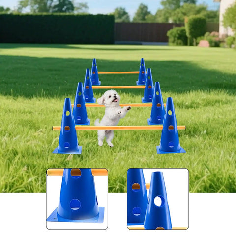 Bright Color Dope Dog Agility Hurdle Cone Set With Adjustable Poles For Backyard Training, features white dog in training