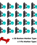 Heavy Duty Upgraded Button Fix Brackets For Dead Simple 90 Degree Panel Connections With Straight Push Quick Snap Hardware And Precision Marker Guide For No Sweat Booth Assembly, set of 20 in gray with blue markers.