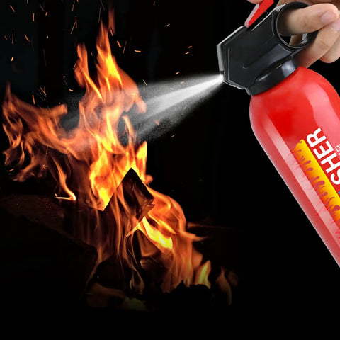 Twelve Pack 21 Oz Water Based Mini Fire Extinguishers Class A B C K Top Shelf Auto Safety Kit For Cars RVs And Boats spraying fire.