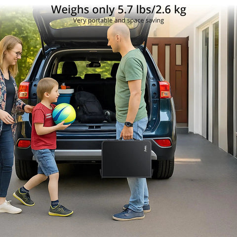 Family loading car with Foldable Camping Table With Storage Net Grab-And-Go Lightweight Aluminum Outdoor Table, 23.2 x 16 in.