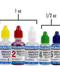 5-Way Liquid Reagent Pool Water Test Kit solutions, 1 oz and 1/2 oz bottles in various colors for accurate water testing.
