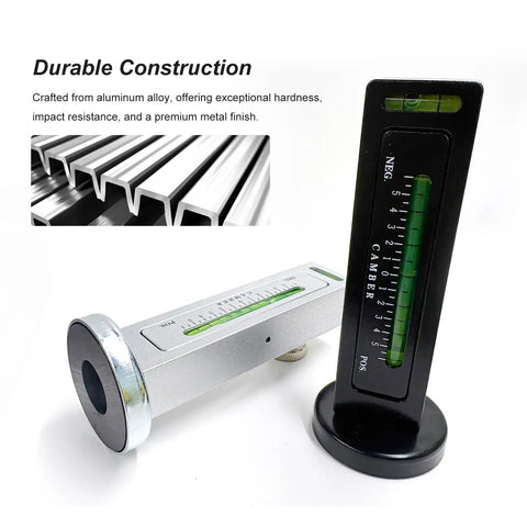 Pro Grade Adjustable Magnetic Camber Caster Alignment Tool showing aluminum alloy gauge with green level vial and precision markings.