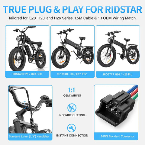 Full Twist Throttle Kit For Q20 Q20 Pro H20 Electric Bikes With Precision Ball Bearing Grip Ignition Key Switch Smooth Twist Control Plug And Play 3 Pin Connector Snappy Buttery Smooth Acceleration on three ebike models with wiring close-up