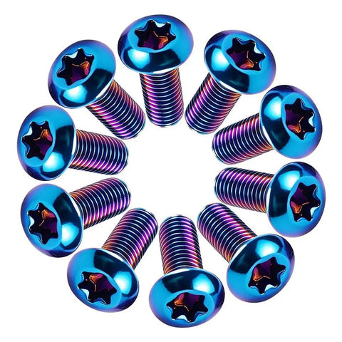 M5 X 10mm 10 Pack Torx T25 Head Screws 304 Stainless Steel Bolts Burnt Blue Titanium Coated Fasteners arranged in circle.