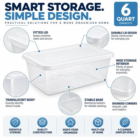 Clear Plastic Storage Bins With Tight Snap On Lids 6 Quart Stackable Boxes for organizing home essentials with fitted lid.