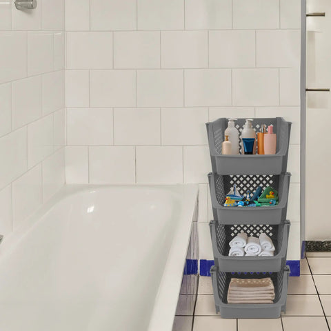 Stackable Plastic Storage Bins 4 Piece Gray Set For Home And Kitchen Open Front Design beside a bathtub, holding bathroom items.