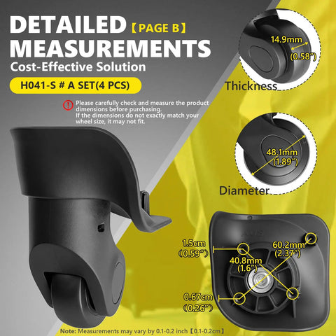 Detailed measurements of Smooth Operator Luggage Wheels Replacement Kit showing size specifications for installation.