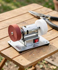 Rock Solid Electric Knife Sharpener Stainless Steel Bench Grinder For Kitchen Tools With Non Slip Base And Flexible Angle matching on a wooden table.